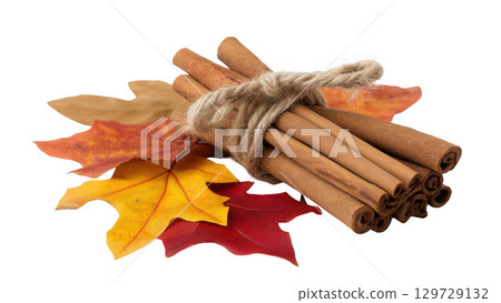 Cinnamon sticks tied with twine and leaves, created with AI, PNG 129729132