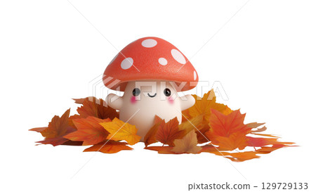 Mushroom cheerfully among fall leaves, created with AI, PNG 129729133