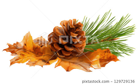 Autumn: bright leaves and a pine cone, created with AI, PNG 129729136