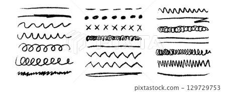 Black grunge brush stoke set. Hand drawn crayon underline, zigzag, dash line collection. Wet or dry pastel pencil doodle scribble bundle. Vector rough chalk charcoal sketch scrawls, waves and zig zag 129729753