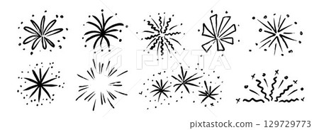 Hand drawn firework set. Crayon doodled firecracker element collection. Black pastel sketches of explosion, spark burst, star lights. Vector charcoal drawn sparkle stickers for birthday, party decor Hand drawn firework set. Crayon doodled firecracker element collection. Black pastel sketches of explosion, spark burst, star lights. Vector charcoal drawn sparkle stickers for birthday, party decor 129729773
