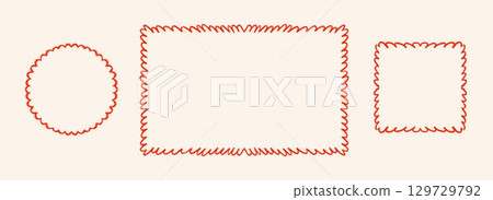 Hand drawn scalloped frame set. Red wavy edge border collection. Circle, rectangle and square doodled scallop box bundle for invitation template, poster, banner. Squiggle edges sketch cadre. Vector Hand drawn scalloped frame set. Red wavy edge border collection. Circle, rectangle and square doodled scallop box bundle for invitation template, poster, banner. Squiggle edges sketch cadre. Vector 129729792