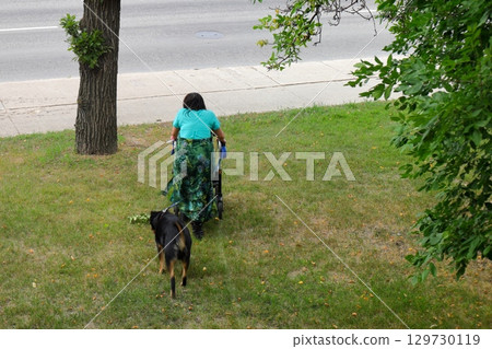 A woman with a walker walks her dog A woman with a walker walks her dog 129730119