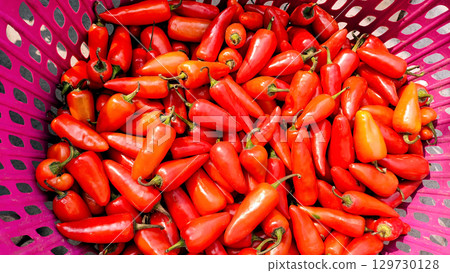 Fresh Red Chili Peppers in a Basket 129730128