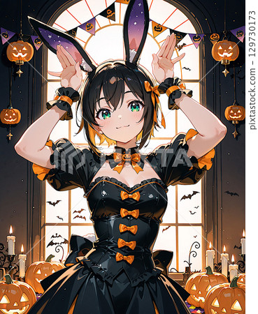 A girl dressed as a bunny girl enjoying Halloween on a magical night lit by jack-o'-lanterns and candles A girl dressed as a bunny girl enjoying Halloween on a magical night lit by jack-o'-lanterns and candles 129730173