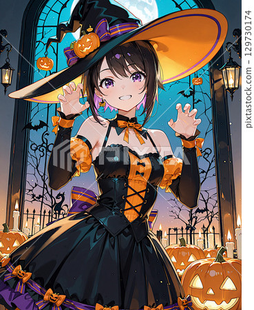 A girl dressed as a witch enjoying Halloween on a magical night with jack-o'-lanterns and candles 129730174
