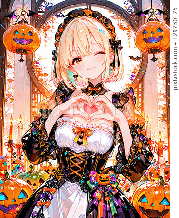 萬聖節裝扮的可愛女僕女孩雙手環抱胸前，做出心形造型。 129730175