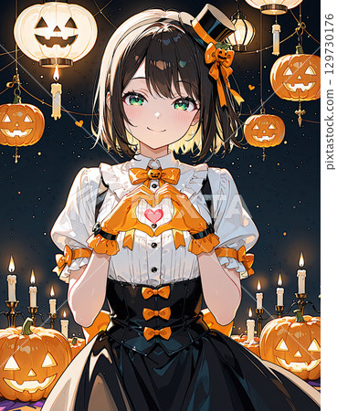 A cute maid-style girl dressed up for Halloween makes a heart shape with her hands 129730176