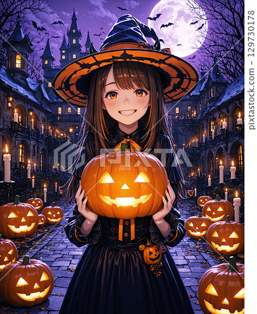 A girl dressed as a witch enjoying Halloween on a magical night with jack-o'-lanterns and candles 129730178