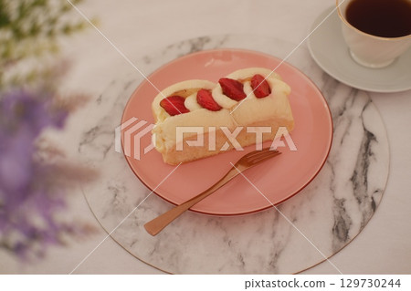 Strawberry Cream Bread on Pink Plate 129730244