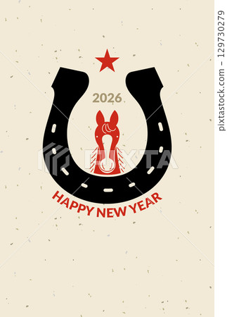 New Year's card template with a minimalist horse and horseshoe illustration. Logo for the Year of the Horse. 129730279