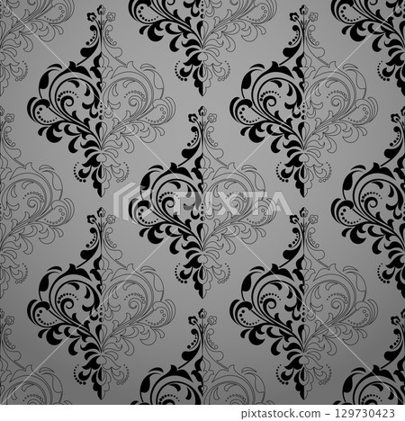 Wallpaper in the style of Baroque. Gray and black floral ornament. Seamless vector background. Graphic pattern for fabric, wallpaper, packaging. Ornate Damask flower illustration Wallpaper in the style of Baroque. Gray and black floral ornament. Seamless vector background. Graphic pattern for fabric, wallpaper, packaging. Ornate Damask flower illustration 129730423