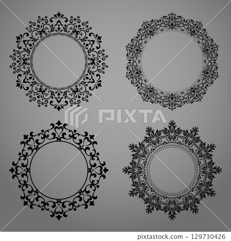 Set of decorative frames Elegant vector element for design in Eastern style, place for text. Floral black and gray borders. Lace illustration for invitations and greeting cards Set of decorative frames Elegant vector element for design in Eastern style, place for text. Floral black and gray borders. Lace illustration for invitations and greeting cards 129730426