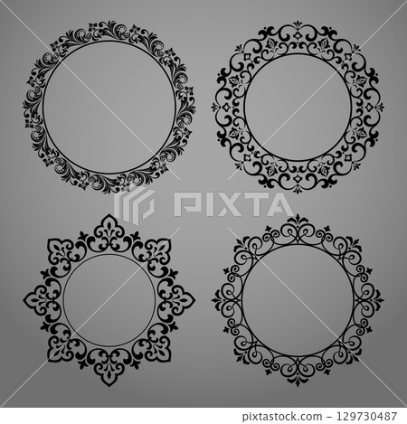 Set of decorative frames Elegant vector element for design in Eastern style, place for text. Floral black and gray borders. Lace illustration for invitations and greeting cards Set of decorative frames Elegant vector element for design in Eastern style, place for text. Floral black and gray borders. Lace illustration for invitations and greeting cards 129730487