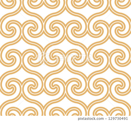 The geometric pattern with wavy lines. Seamless vector background. White and golden texture. Simple lattice graphic design The geometric pattern with wavy lines. Seamless vector background. White and golden texture. Simple lattice graphic design 129730491