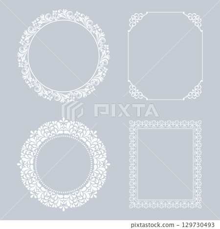 Set of decorative frames Elegant vector element for design in Eastern style, place for text. Floral gray and white borders. Lace illustration for invitations and greeting cards Set of decorative frames Elegant vector element for design in Eastern style, place for text. Floral gray and white borders. Lace illustration for invitations and greeting cards 129730493
