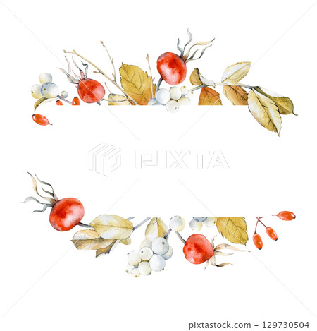 The frame is made of rosehip, snowberry and barberry, hand-painted in watercolor on a white background. Botanical illustration. For a postcard or invitation to a wedding, celebration, holiday The frame is made of rosehip, snowberry and barberry, hand-painted in watercolor on a white background. Botanical illustration. For a postcard or invitation to a wedding, celebration, holiday 129730504