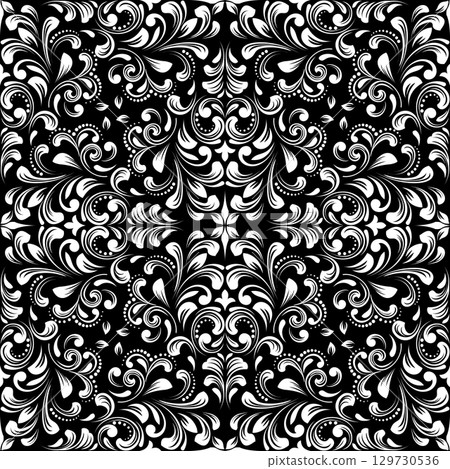 Wallpaper in the style of Baroque. White and black floral ornament. Seamless vector background. Graphic pattern for fabric, wallpaper, packaging. Ornate Damask flower illustration. Wallpaper in the style of Baroque. White and black floral ornament. Seamless vector background. Graphic pattern for fabric, wallpaper, packaging. Ornate Damask flower illustration. 129730536