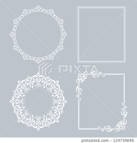 Set of decorative frames Elegant vector element for design in Eastern style, place for text. Floral gray and white borders. Lace illustration for invitations and greeting cards Set of decorative frames Elegant vector element for design in Eastern style, place for text. Floral gray and white borders. Lace illustration for invitations and greeting cards 129730698