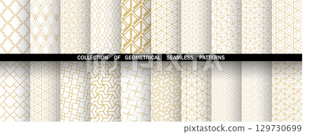 Geometric set of seamless golden and white patterns. Simple vector graphics Geometric set of seamless golden and white patterns. Simple vector graphics 129730699