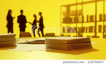 Silhouetted Business Team Meeting with Stacked Documents 129730847