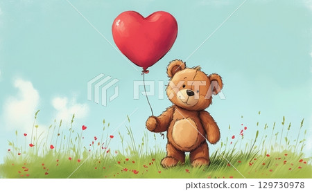 Teddy bear with heart balloon in meadow. Valentine greeting concept 129730978