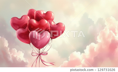Heart shaped balloons in pink sky. Romance concept 129731026