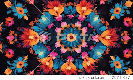 A Stunning and Vibrant Floral Mandala Design Featuring Colorful Flowers Set on a Dark Background A Stunning and Vibrant Floral Mandala Design Featuring Colorful Flowers Set on a Dark Background 129731037