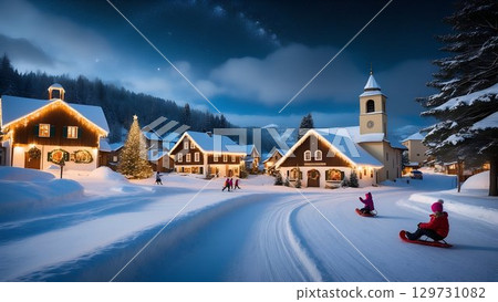 Charming and picturesque Winter Village adorned with beautiful snow and vibrant Holiday Lights 129731082