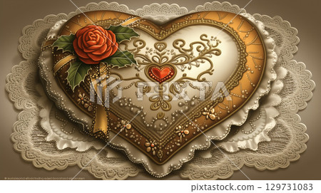 Decorative Heart-Shaped Ornament with Lace and Rose 129731083
