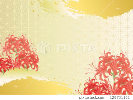 彼岸花（紅花蜘蛛百合）花秋手繪水彩畫框日式日式圖案壁紙背景設計插圖 129731161