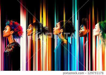 African women side profiles with abstract colorful lines against black background 129731178