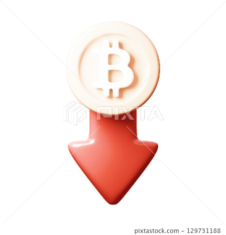 Vector icon of bitcoin symbol on red arrow pointing down. Cryptocurrency crash concept with halftone texture. Isolated illustration for financial decline and market loss themes. Vector icon of bitcoin symbol on red arrow pointing down. Cryptocurrency crash concept with halftone texture. Isolated illustration for financial decline and market loss themes. 129731188