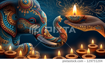 Colorful elephant and Diya for Diwali celebration with candles 129731204