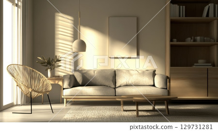 Minimalist Living Room with Natural Light and Wooden Accents 129731281