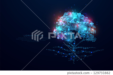 Low poly, polygon tree of life wireframe on a blue background. Abstract Circuit Technology Futuristic technology Low poly, polygon tree of life wireframe on a blue background. Abstract Circuit Technology Futuristic technology 129731662