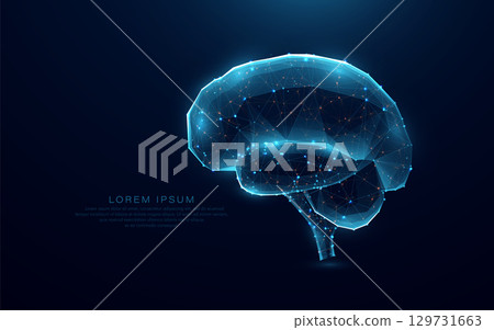 Low polygon brain neuron wireframe mesh on a blue background 129731663