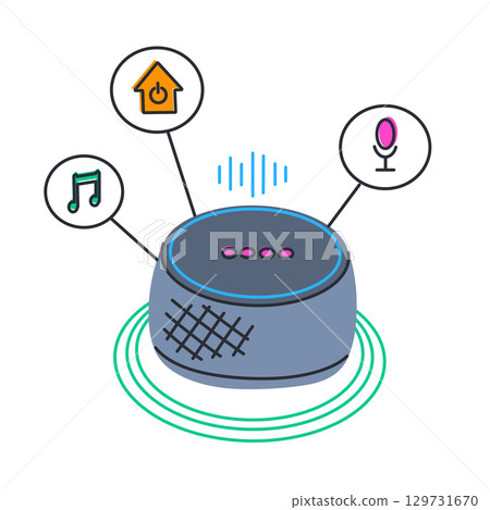 Flat cartoon vector illustration of smart speaker with control icons. Voice assistant concept with microphone, music, smart home automation symbols. Wireless technology, modern interior visuals Flat cartoon vector illustration of smart speaker with control icons. Voice assistant concept with microphone, music, smart home automation symbols. Wireless technology, modern interior visuals 129731670