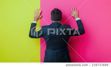 man in suit standing between pink and yellow walls 129731694