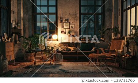 Cozy Loft Apartment Interior at Night 129731700