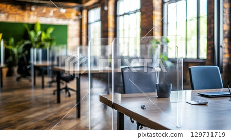 Modern Office Workspace with Plexiglass Dividers 129731719