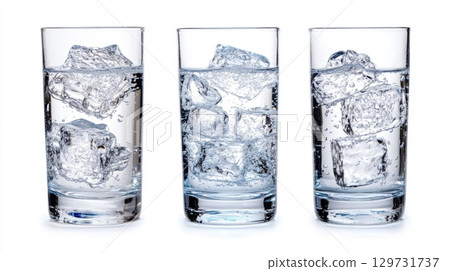 Three Glasses of Sparkling Water with Ice Cubes 129731737