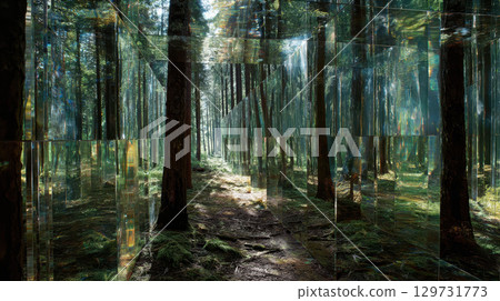Glass tree forest sunlight reflection nature surreal peaceful green fantasy 129731773