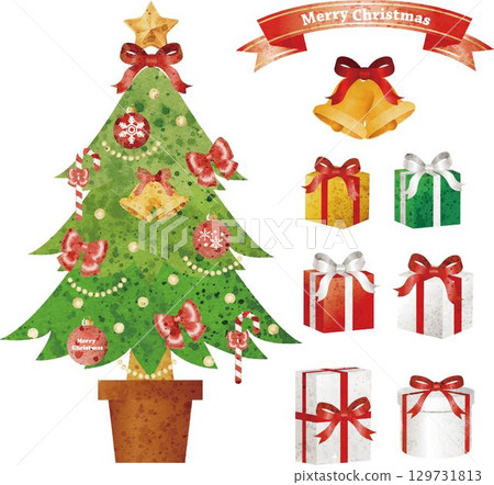 Christmas Christmas tree bell present watercolor hand-drawn analog decoration illustration material 129731813