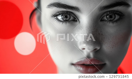 closeup black and white portrait of a young woman closeup black and white portrait of a young woman 129731845