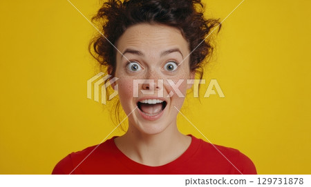 amazed woman with freckles and curly hair 129731878