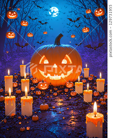 令人眼花繚亂的萬聖節派對之夜,充滿神秘的光芒和眾多的南瓜燈和蠟燭。 令人眼花繚亂的萬聖節派對之夜,充滿神秘的光芒和眾多的南瓜燈和蠟燭。 129731955