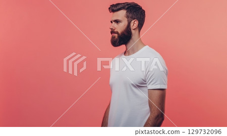 man with beard in white t-shirt against pink background man with beard in white t-shirt against pink background 129732096