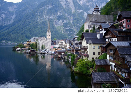 Beautiful lakeside townscape and Alpine scenery of Hallstatt, Austria, a World Heritage Site Beautiful lakeside townscape and Alpine scenery of Hallstatt, Austria, a World Heritage Site 129732611