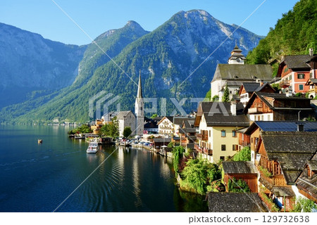 Beautiful lakeside townscape and Alpine scenery of Hallstatt, Austria, a World Heritage Site Beautiful lakeside townscape and Alpine scenery of Hallstatt, Austria, a World Heritage Site 129732638